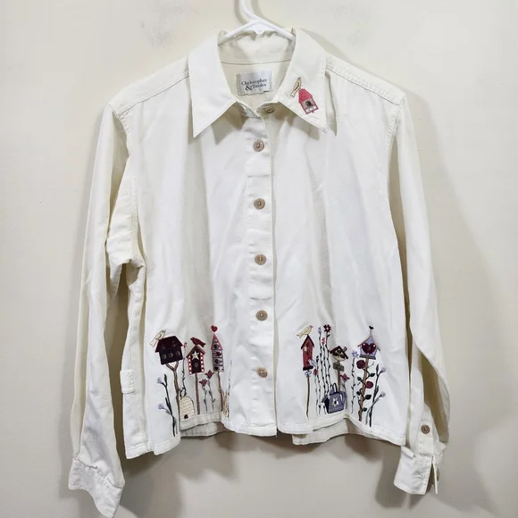 Vintage Christopher & Banks embroidered cat & birds button front shirt jacket XL - Picture 1 of 9